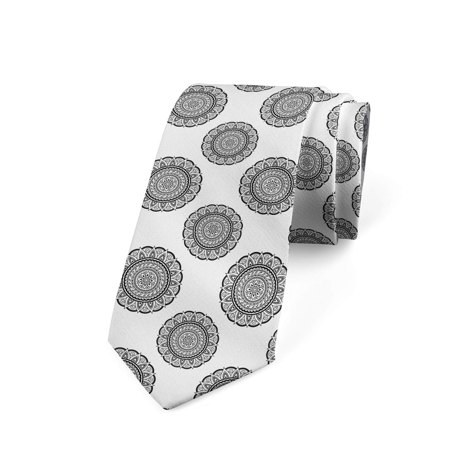 Ambesonne Men's Necktie with Round Pattern, Grey and White Silk Dress Tie - 3.7