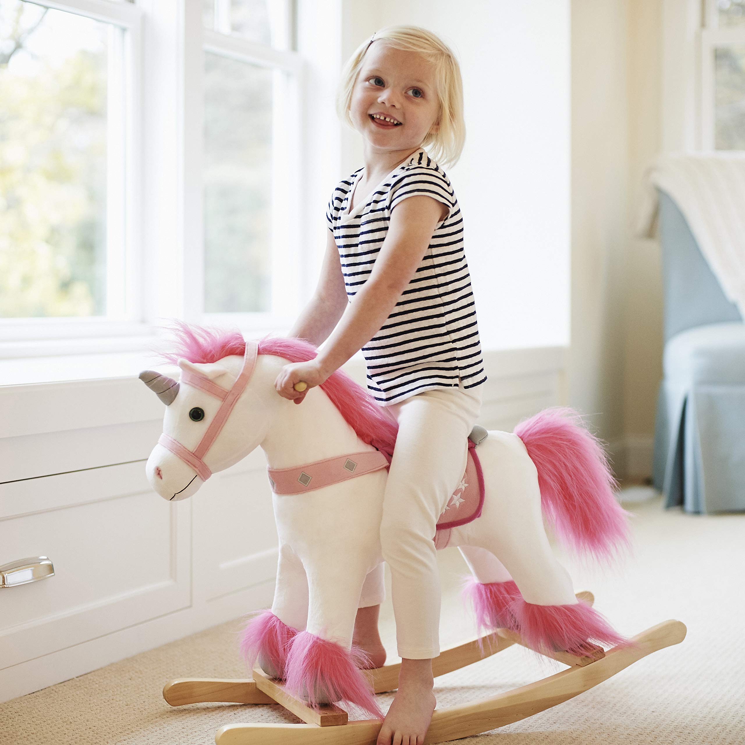 White and Pink Unicorn Wooden Ride-On Rocker Toy for Kids Ages 3+ | Real Wood Plush Rocking Horse | Perfect for Nursery, Playroom & Gift for Toddlers