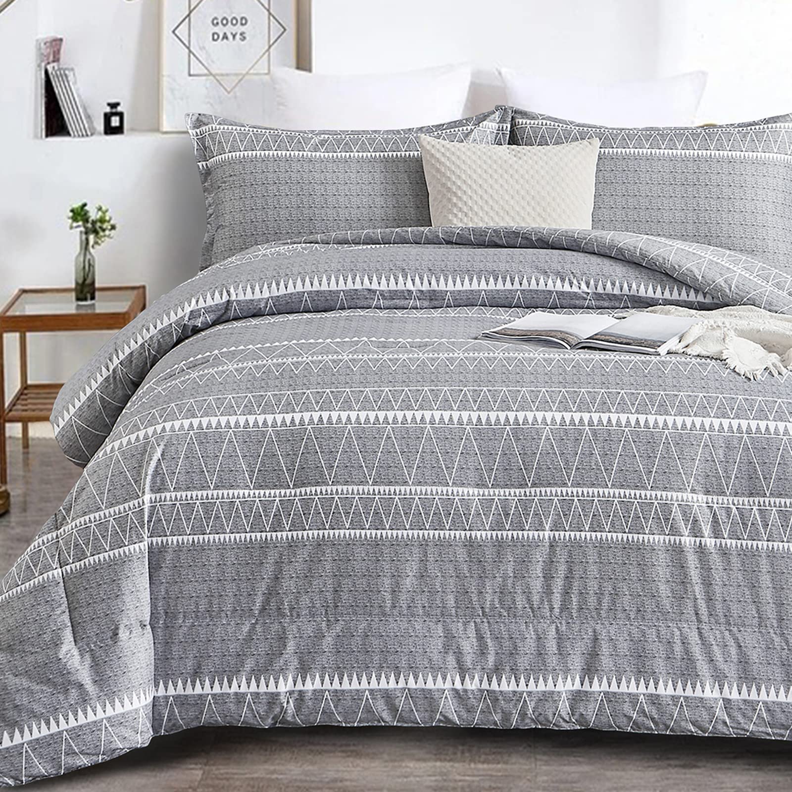 WONGS BEDDING Grey California King Comforter Set - Soft Reversible Microfiber Boho Down Alternative Bedding (3 Piece: Comforter + 2 Pillow Shams) 104