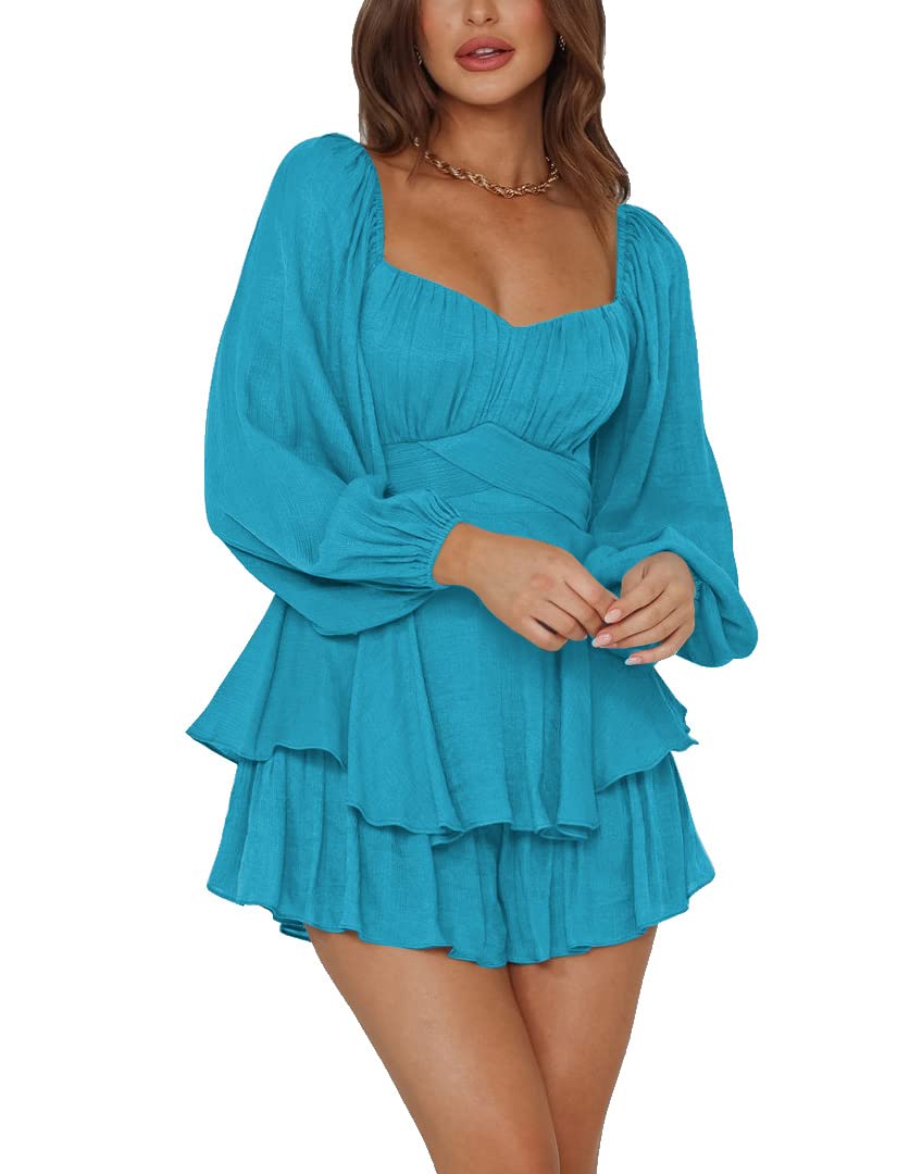 LYANER Women's Summer Jumpsuit - Lantern Sleeve Ruffle Layered Tie Mini Short Romper for Casual Outings & Beach Vacations