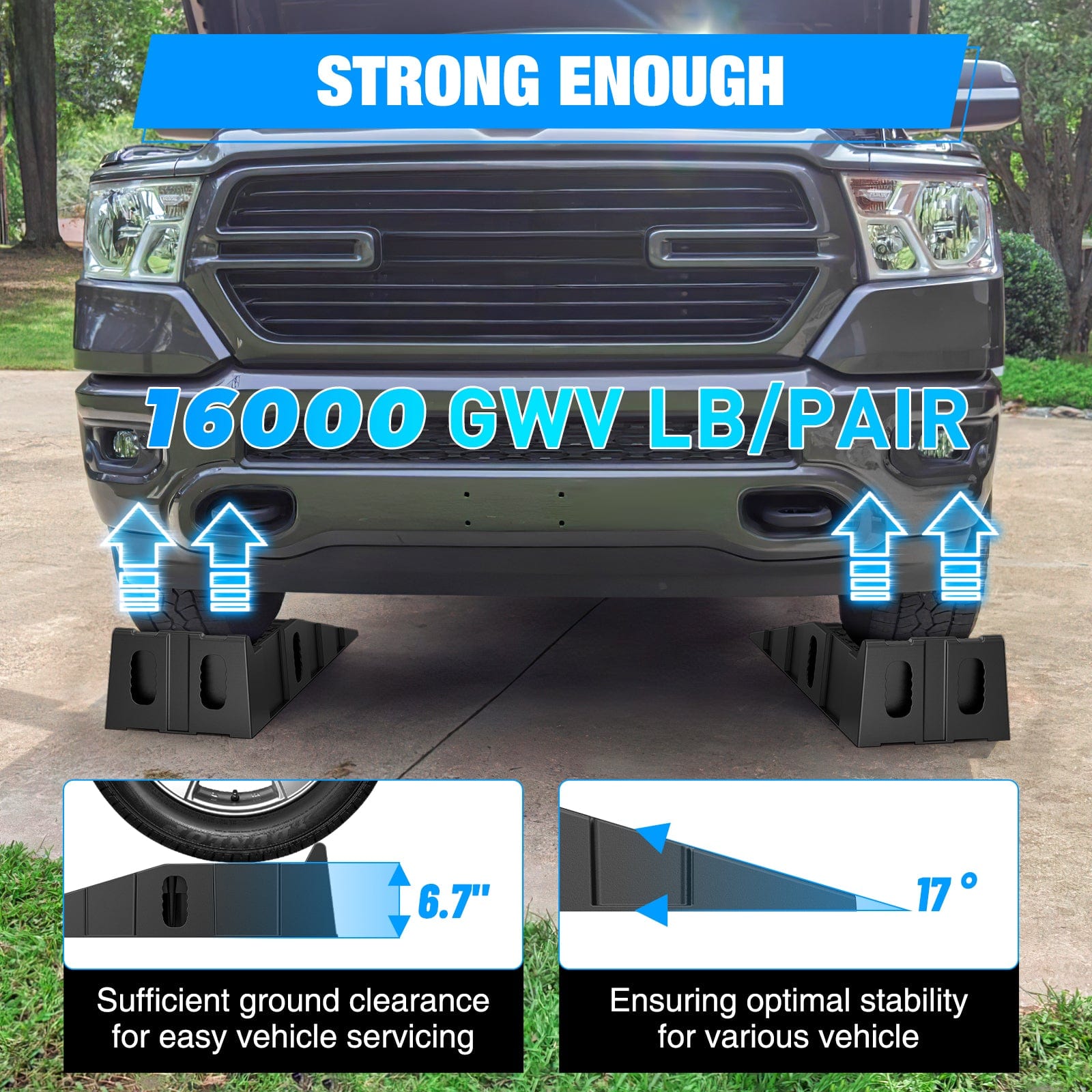 Heavy Duty 6.7 Inch Lift Truck Ramps - 16,000 lb Capacity Portable Service Ramps for Pickup Trucks, SUVs & ATVs - Ideal for Garage, Workshop & Off-Road Vehicle Maintenance