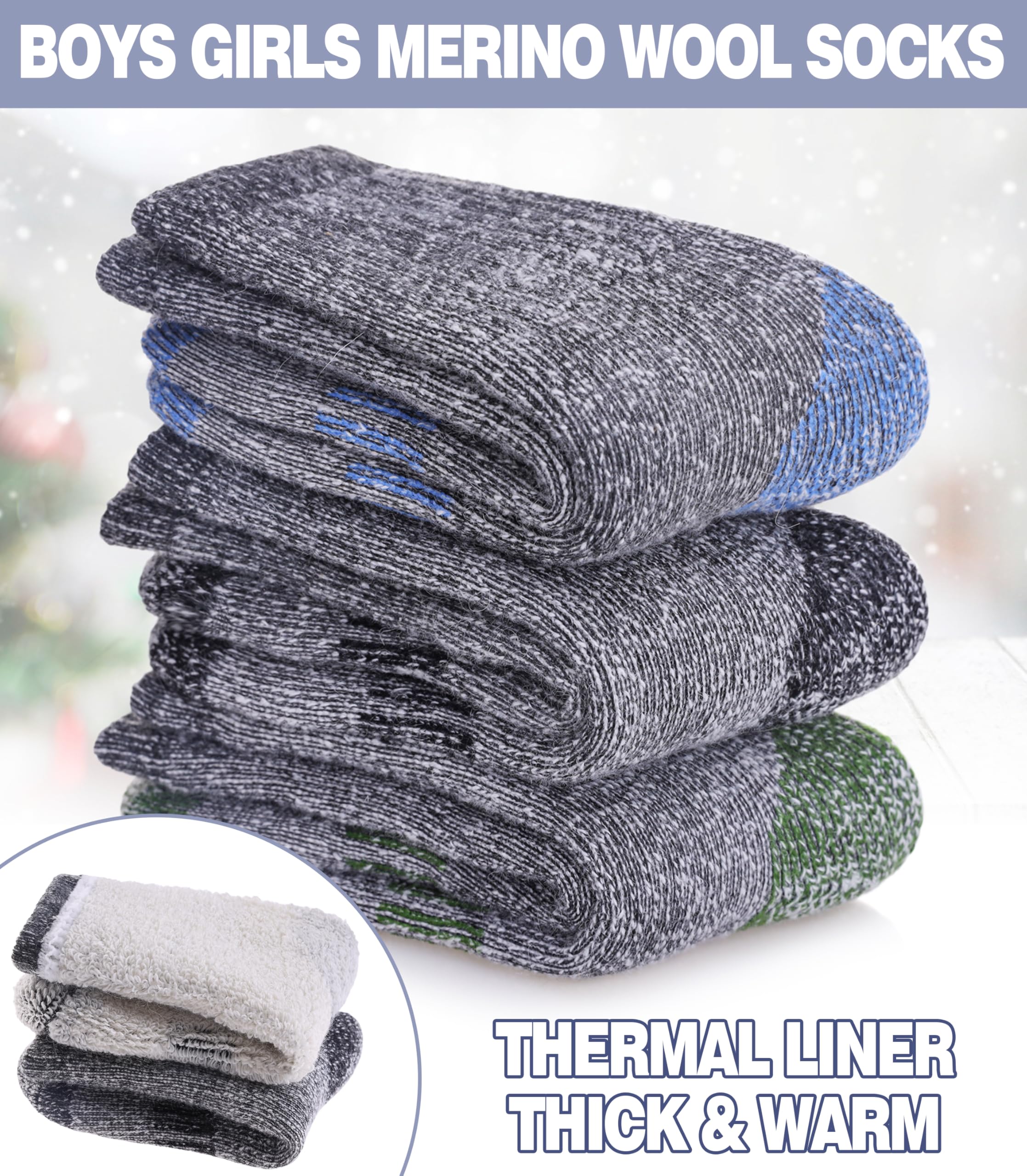 Kids Merino Wool Hiking Socks for Boys & Girls - Thermal Winter Warm Thick Cushioned Crew Socks for Boots | Perfect for Outdoor Adventures, Snow Play & Cold Weather Activities
