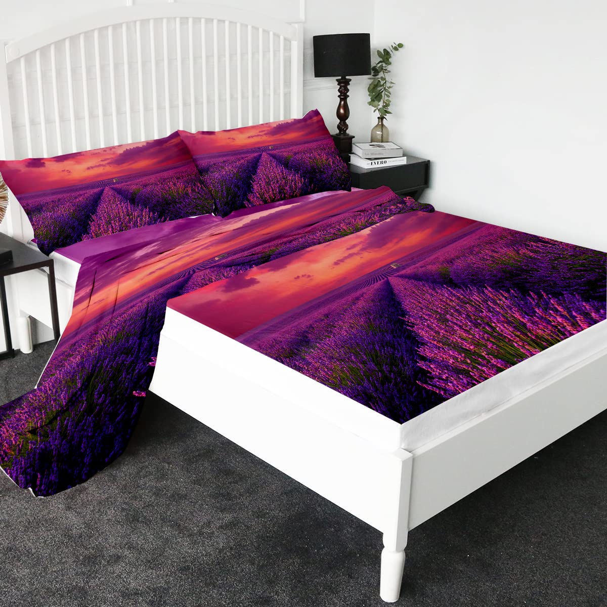 Sleepwish Lavender Field Landscape Queen Size Sheet Set - 4 Piece Soft Summer Sunset Bedding with Fitted Sheet, Flat Sheet & 2 Pillowcases | Breathable Cotton for Bedroom Decor & Guest Room Essentials