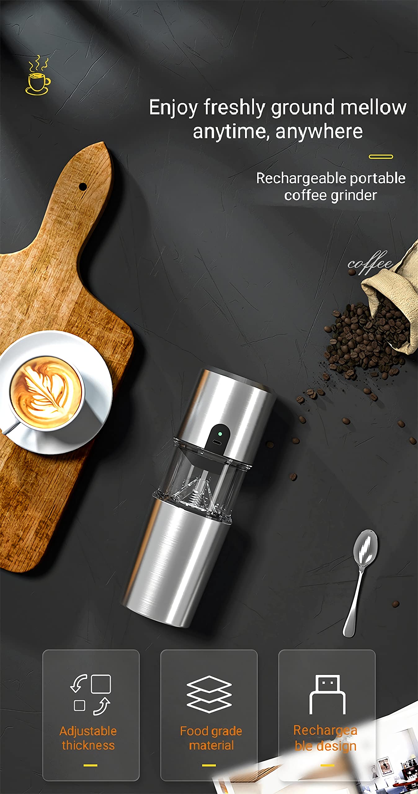 Rechargeable Portable Coffee Maker with Electric Grinder - 3-in-1 USB Coffee Machine for Home & Office - Compact Travel Coffee Brewer (2.87x2.87x9 Inches, Silver Gray YX-911) - Perfect for Camping, Dorm Rooms & Small Kitchens