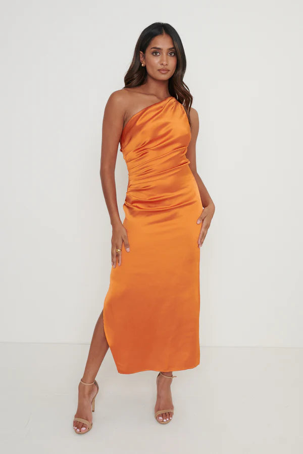 Amelia One Shoulder Ruched Satin Dress for Women - Elegant Orange Evening Gown for Cocktail Parties, Date Nights & Special Occasions