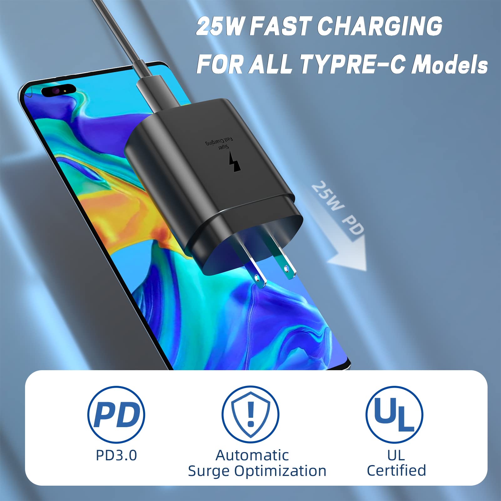 25W USB C Wall Charger Block with 6.6ft Cable - Super Fast Charging Power Adapter for iPhone 15/14/13, Samsung Galaxy S23/S22/S21, Google Pixel 7/6, iPad Pro & More - Compact Travel Charger for Home, Office & Car Use