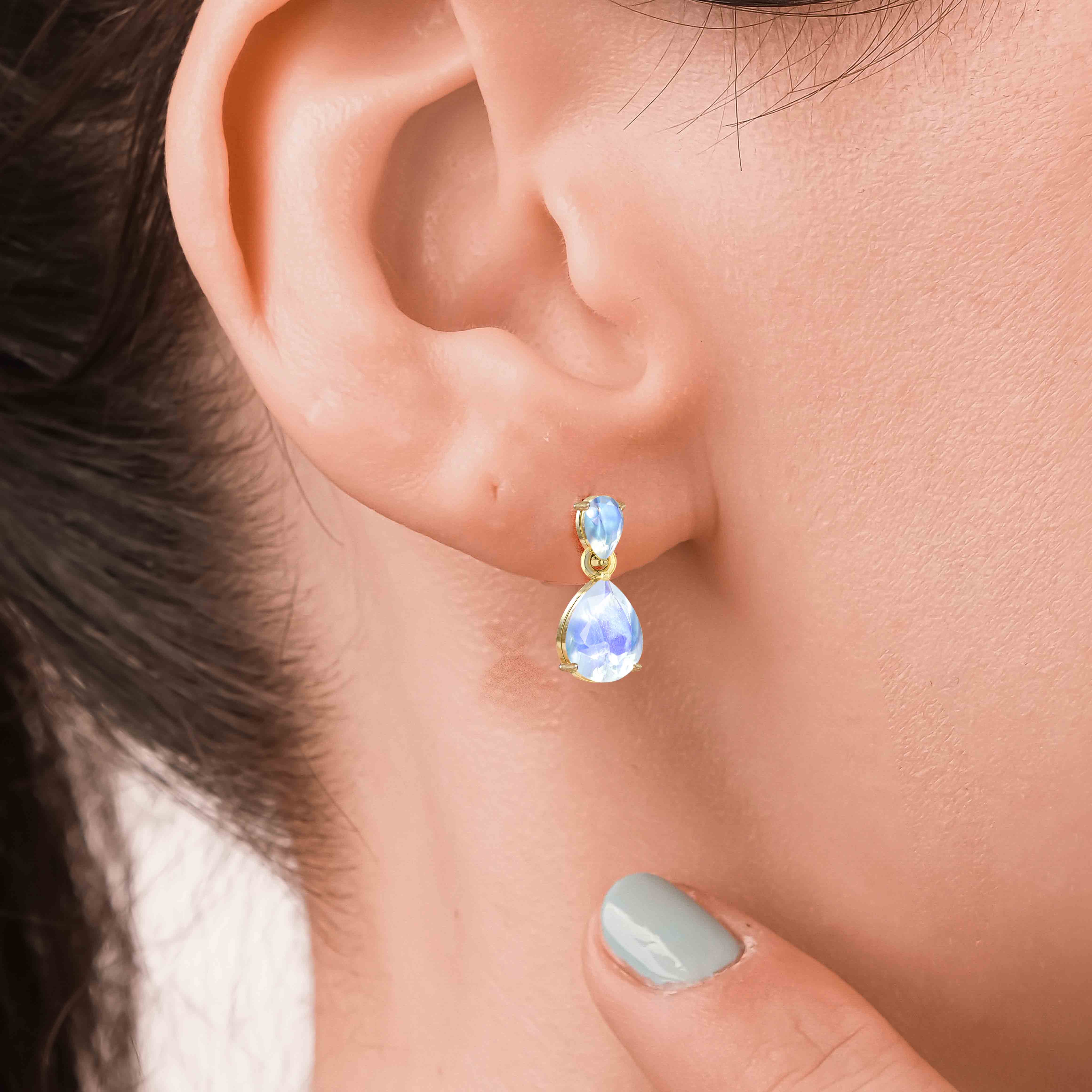 Rainbow Dual Moonstone Pear Drop Stud Earrings – Elegant Gemstone Jewelry for Women, Perfect for Weddings, Parties & Special Occasions