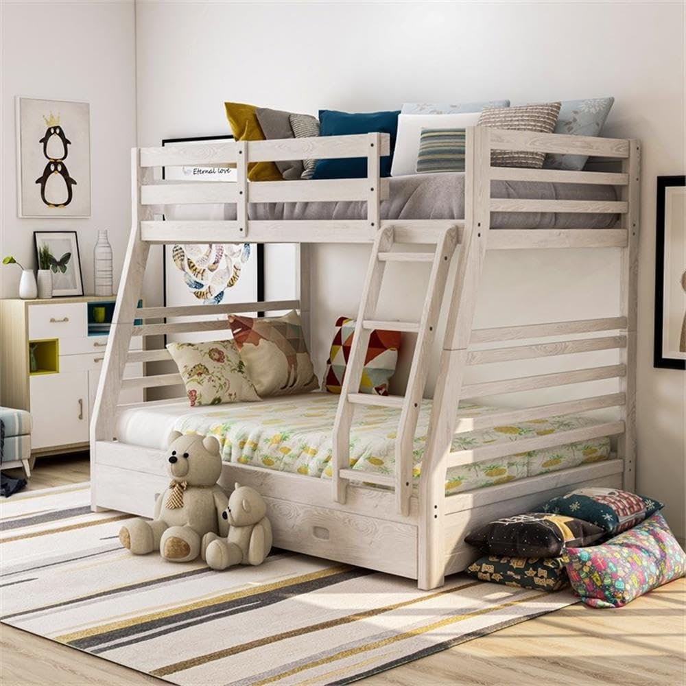 Tomi Wood Twin Over Full Storage Bunk Bed in Brushed White - Space-Saving Kids Bedroom Furniture with Built-in Drawers for Organization | Perfect for Shared Rooms, Small Spaces & Sleepovers