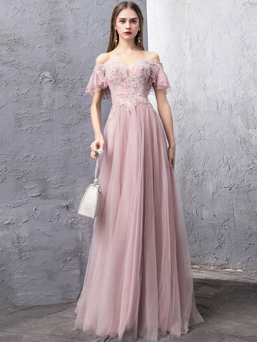 Elegant Pink Tulle Lace Off-Shoulder Long Prom Dress for Women - Formal Evening Gown for Homecoming, Wedding, and Special Occasions
