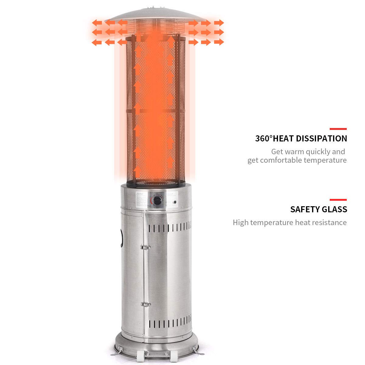 Giantex 48,000 BTU Stainless Steel Propane Patio Heater with Wheels & Dancing Flame - Outdoor Quartz Glass Tube Space Heater for Backyard, Deck, Balcony, Restaurant, BBQ Party - Perfect for Winter Gatherings & Outdoor Dining (Silver)