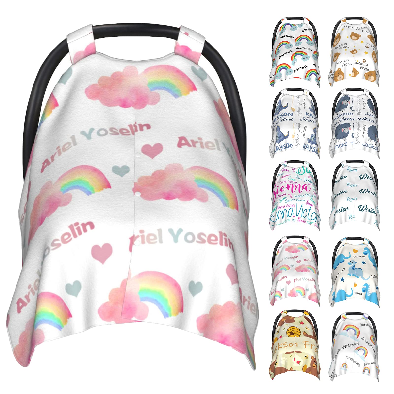 Custom Personalized Baby Car Seat Cover Canopy with Name - Pink Rainbow Design for Girls & Boys | Soft Breathable Baby Carrier Cover for Strollers, Shopping & Outdoor Adventures