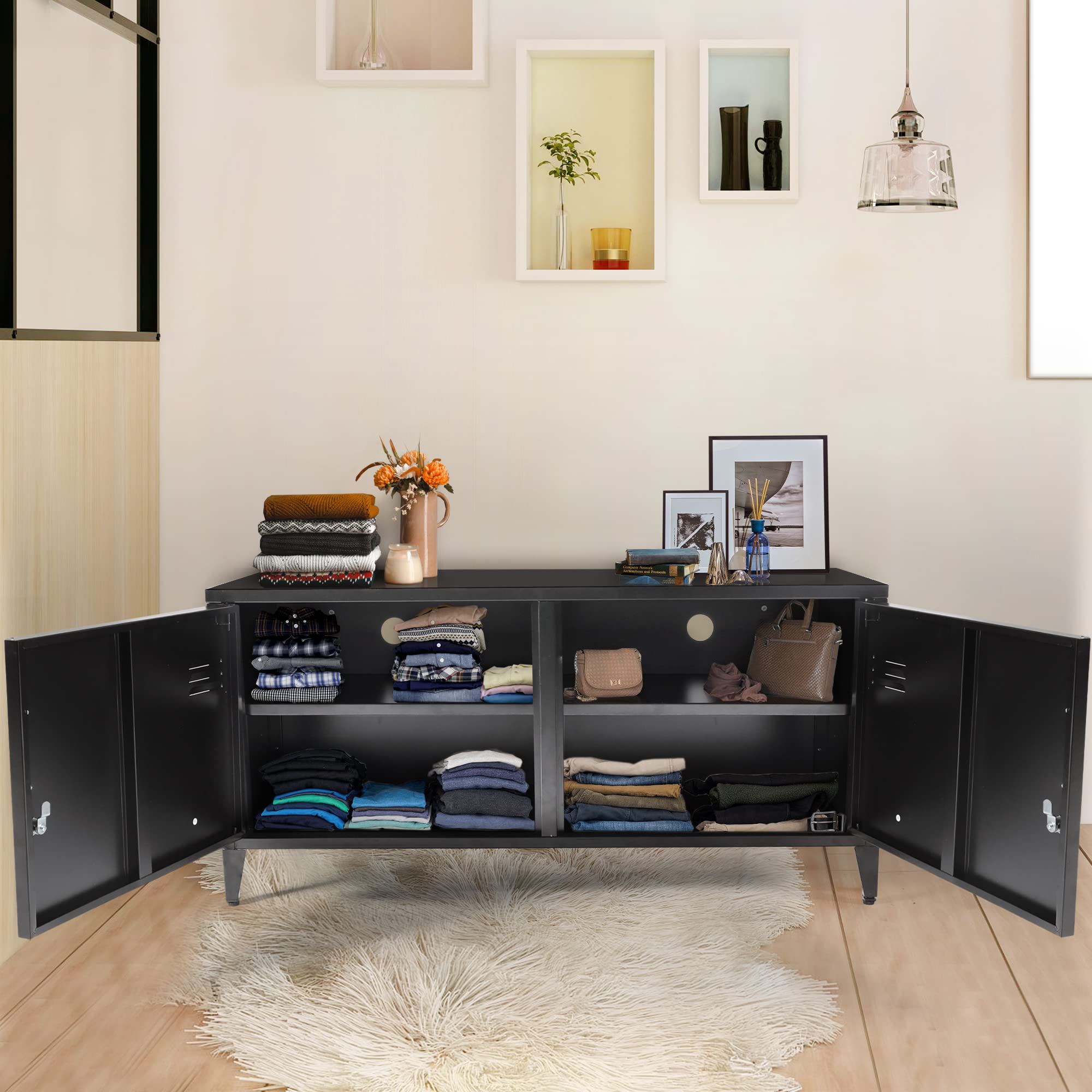 HOPUBUY 2-Door Black Metal Storage Cabinet - Steel Locker with Adjustable Shelves for Bedroom, Garage, Office Organization | Space-Saving Home & Office Storage Solution