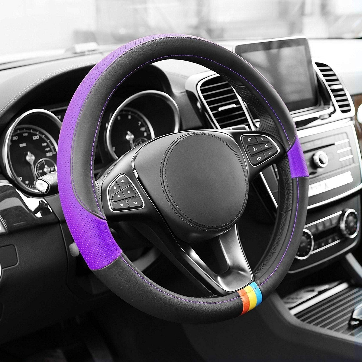 FH Group Full Spectrum Microfiber Leather Steering Wheel Cover - Universal Fit for Cars & SUVs, Non-Slip Grip, Purple - Perfect for Road Trips & Daily Commute