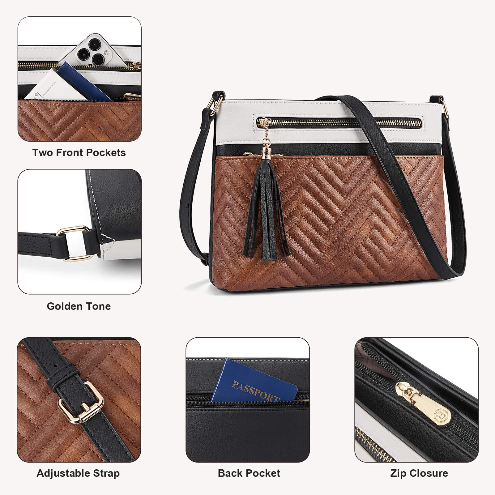 BOSTANTEN Women's Quilted Crossbody Bag with Zipper Pocket - Medium Size Shoulder Purse for Everyday Use, Travel & Shopping