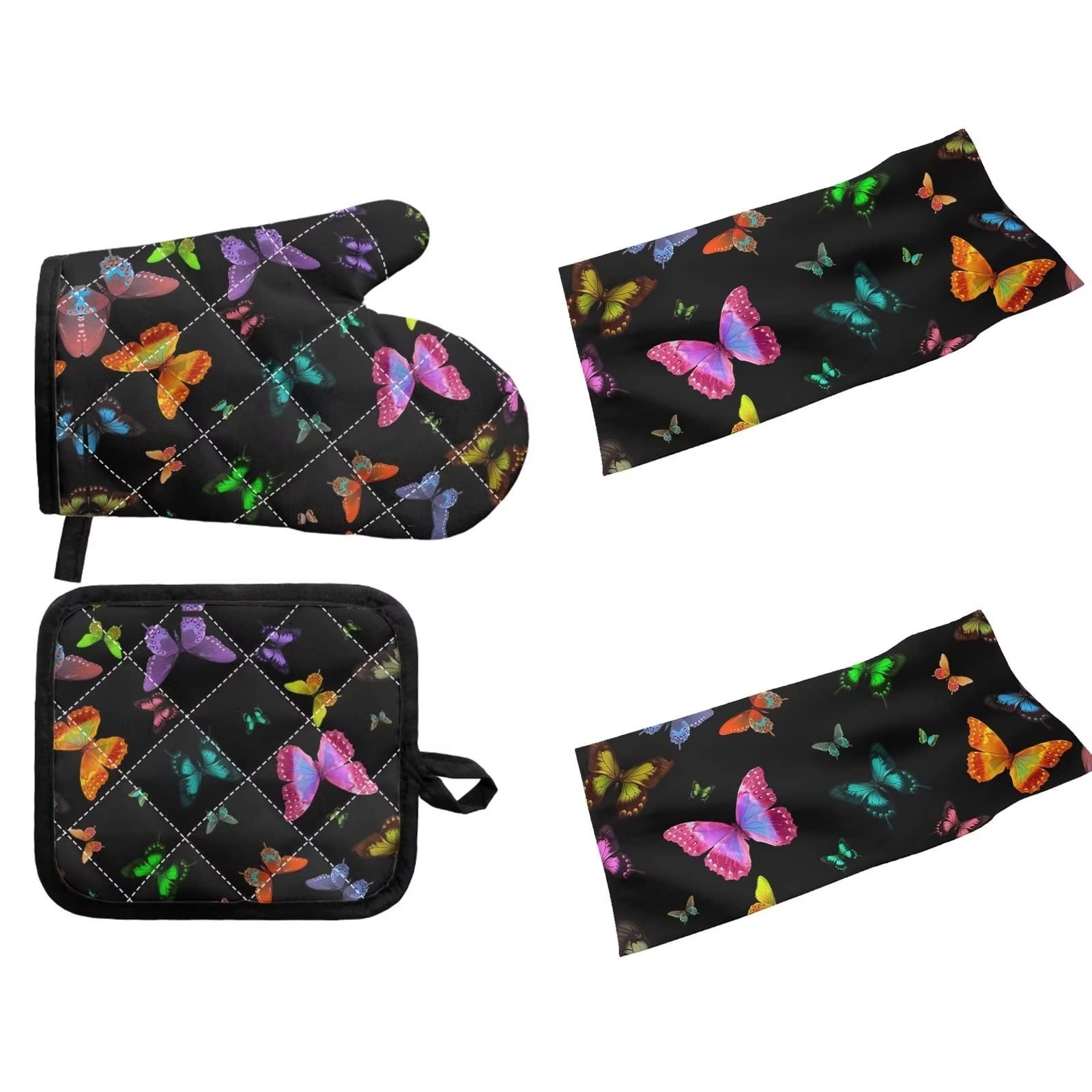 DISNIMO 4-Piece Heat Resistant Oven Mitts & Pot Holders Set with Kitchen Towels - Colorful Butterfly Design, Hang Loop for Easy Storage - Perfect for Grilling, BBQ, Baking & Cooking - Durable Kitchen Accessories for Home & Restaurant Use