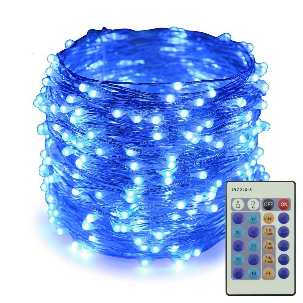 Dimmable LED String Lights 100Ft 300 LEDs - Silver Wire Fairy Lights with Remote & Adapter | Perfect for Christmas Decorations, Wedding Lighting, Party Decor & Outdoor Events (Blue)