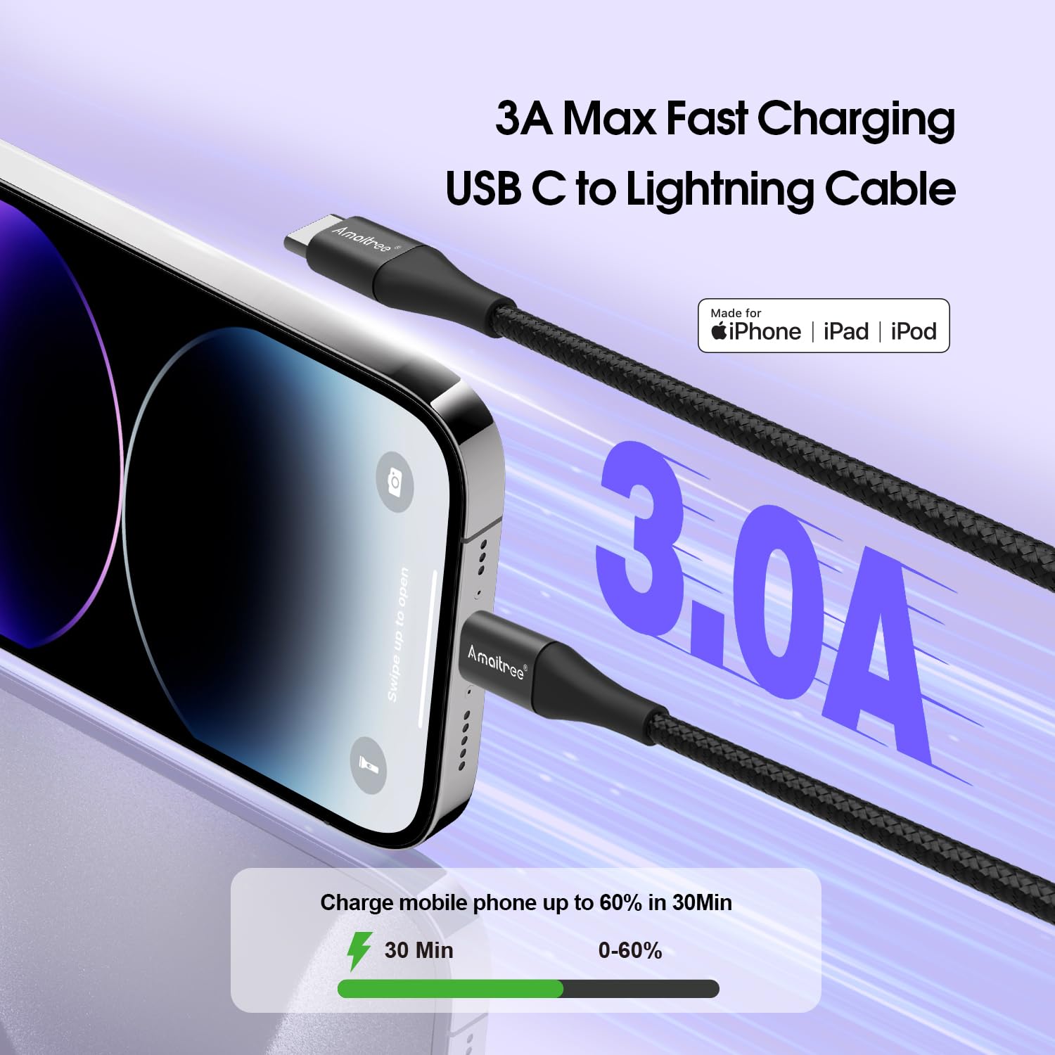 Apple MFi Certified USB C to Lightning Cable 4Ft - 3A Fast Charging Braided Cable for iPhone 14/13/12/11/XS/XR/8 - Durable Woven Charger for CarPlay & Home Use (Black)