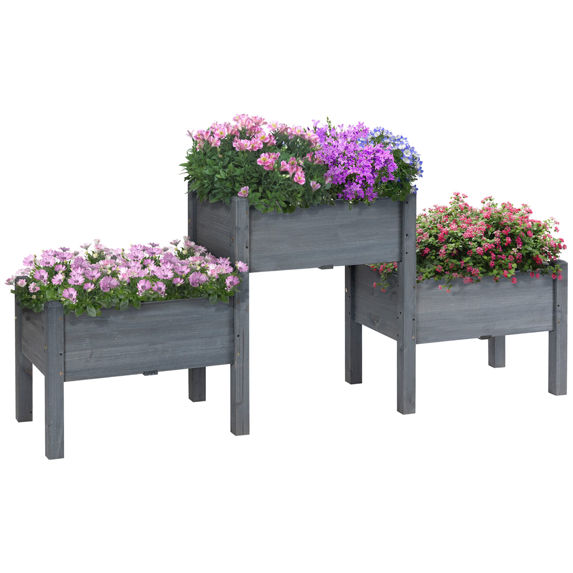 Outsunny 3-Tier Raised Garden Bed Kit - Elevated Wooden Planter Stand with Drainage Holes for Vegetables, Herbs & Flowers (Gray) - Perfect for Patio, Balcony & Small Space Gardening