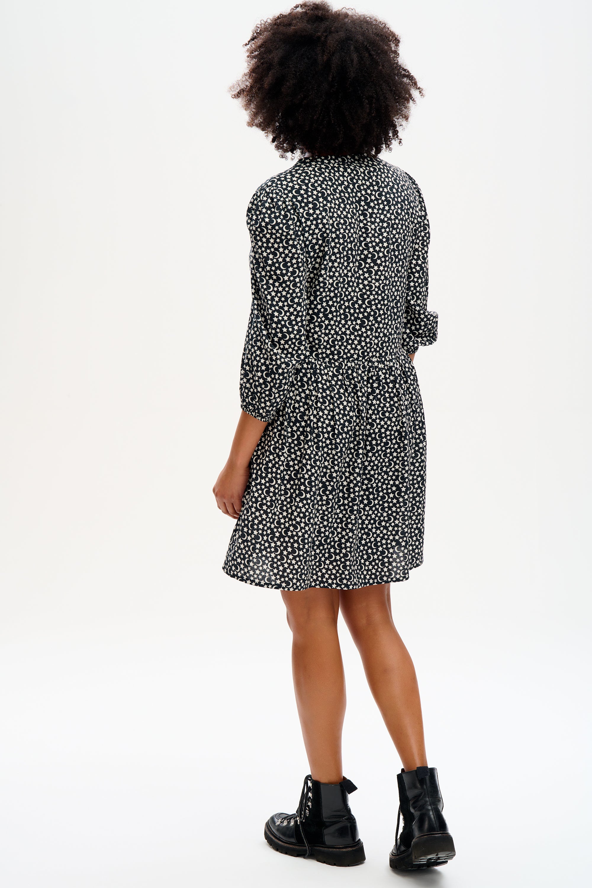 Astra Smock Dress - Monochrome Moon & Stars Print - Stylish Boho Flowy Dress for Women - Perfect for Casual Outings, Beach Vacations & Festivals