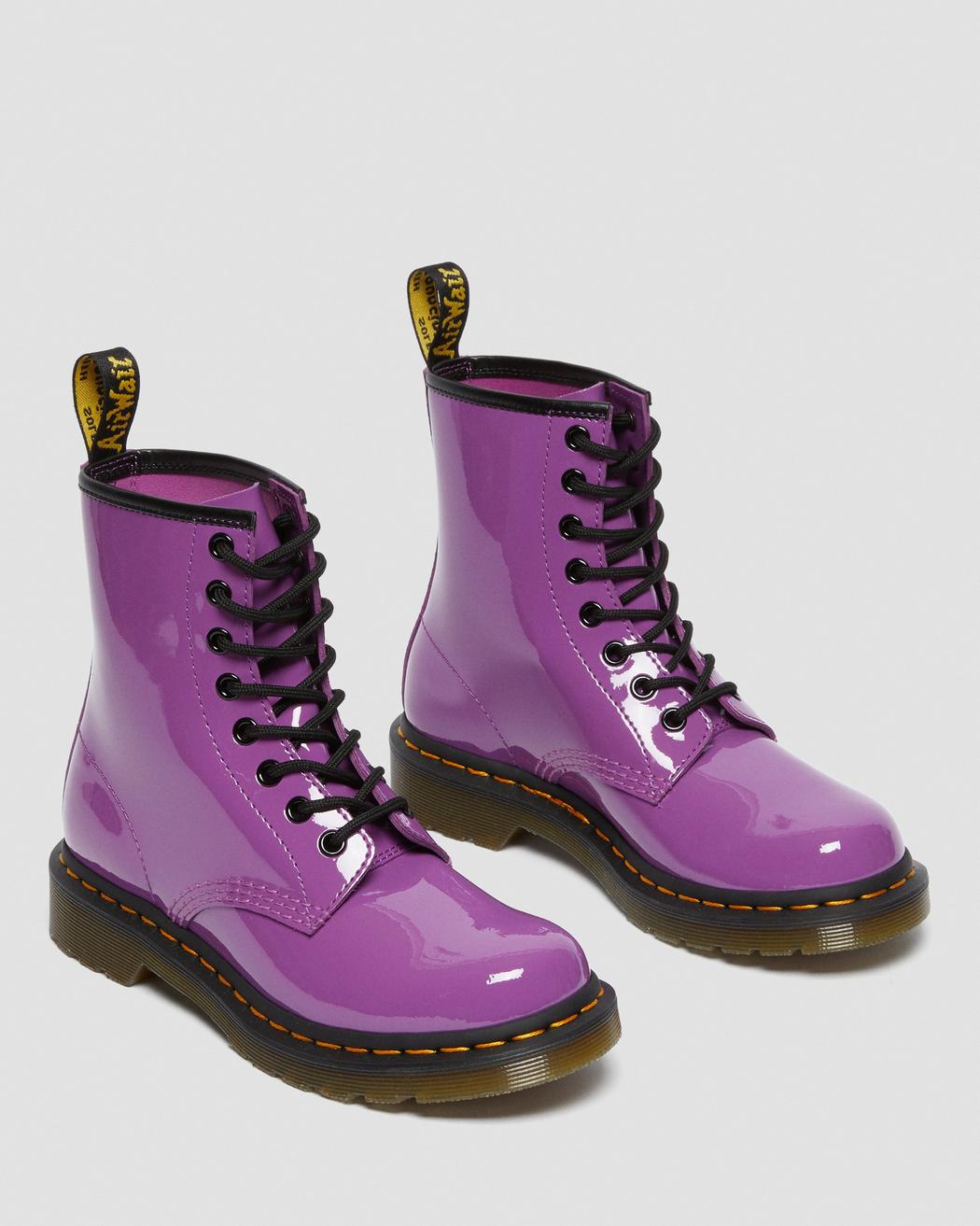 Dr. Martens 1460 Bright Purple Patent Leather Lace Up Boots for Women - Punk Style Ankle Booties Perfect for Concerts, Festivals & Edgy Street Fashion