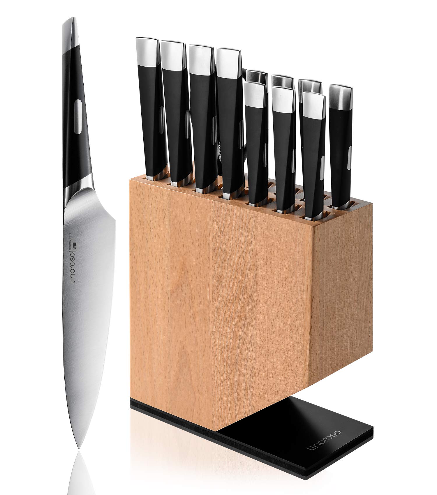 Linoroso 13-Piece German High Carbon Stainless Steel Knife Set with Beech Wood Block - Professional Chef Knives for Kitchen Cooking, Slicing, Dicing - Perfect for Home Chefs & Culinary Enthusiasts
