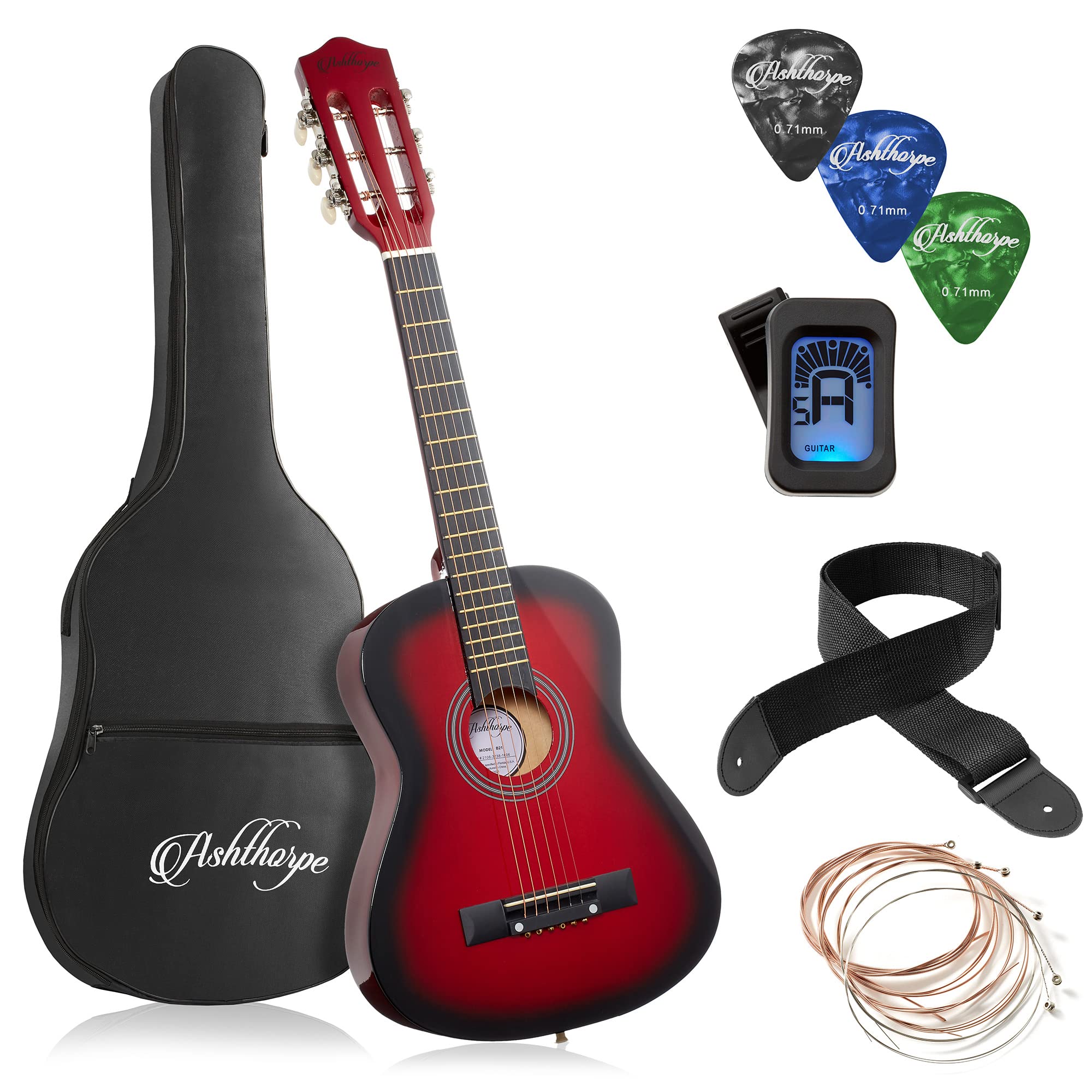 Ashthorpe 30-inch Beginner Acoustic Guitar Starter Kit (Red) - Includes Gig Bag, Strings, Strap, Tuner & Picks - Perfect for Kids, Teens & Adult Beginners Learning Guitar at Home, School or Camp