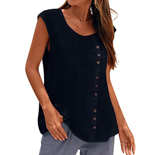 Women's Summer Sleeveless Button Vest Blouse - Casual Round Neck Loose Tank Top for Women (Navy, Small) | Perfect for Beach, Office & Outdoor Activities