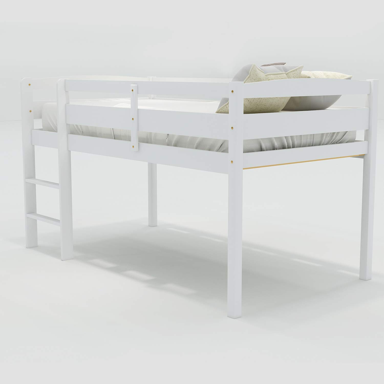 Twin Loft Bed with Ladder - Sturdy Wood Low Loft Bed Frame with Full-Length Guardrails, No Box Spring Needed - Perfect for Kids & Teens Bedrooms, Dorm Rooms & Small Spaces (White)