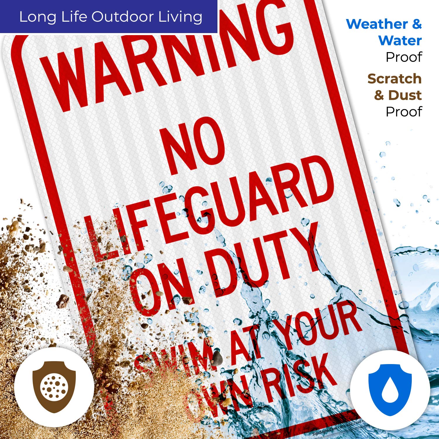 No Lifeguard On Duty Sign - 12x18 Inches Reflective Aluminum Pool Safety Sign (SI-6702) | 3M EGP Coated, Fade Resistant, Indoor/Outdoor Use | Perfect for Swimming Pools, Water Parks & Beach Clubs | Made in USA