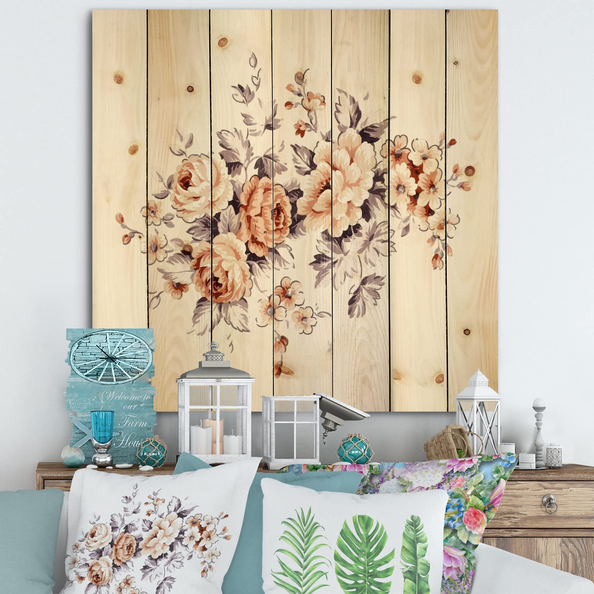 DesignQ Pink Wild Roses Traditional Wood Wall Decor - Large Floral Wood Wall Art Panels Printed on Natural Pine - Perfect for Living Room, Bedroom & Home Office Decor