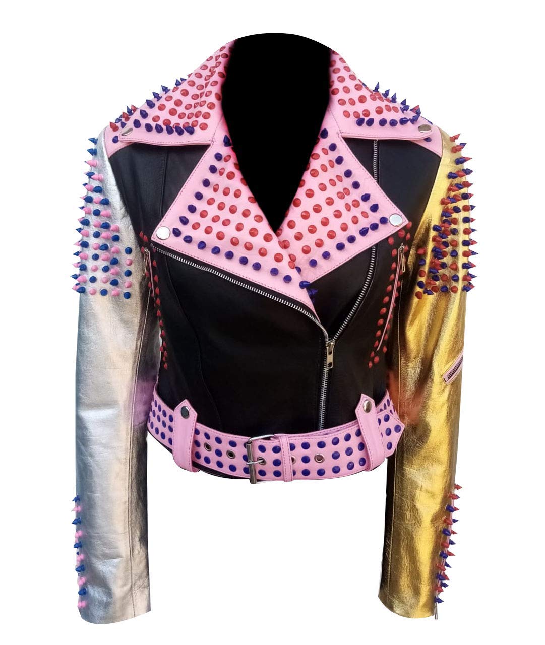 UGFashions Women's Golden Pink Studded Motorcycle Biker Jacket - Punk Style Black Leather Jacket for Women | Perfect for Riding, Night Out & Rock Concerts