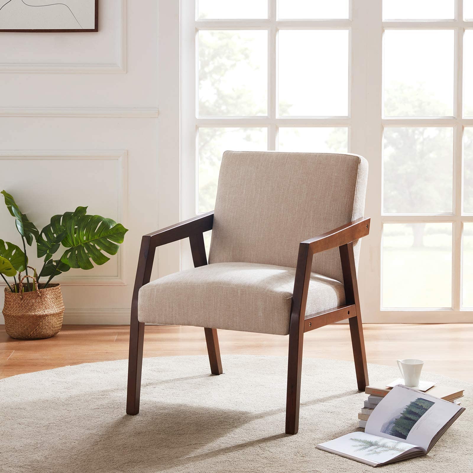 HUIMO Mid-Century Modern Wooden Accent Arm Chair - Elegant Upholstered Lounge Chair with Linen Fabric for Living Room, Bedroom - Perfect as Reading Chair or Side Chair (Brown) | Ideal for Home Office, Cozy Reading Nook & Contemporary Living Spaces