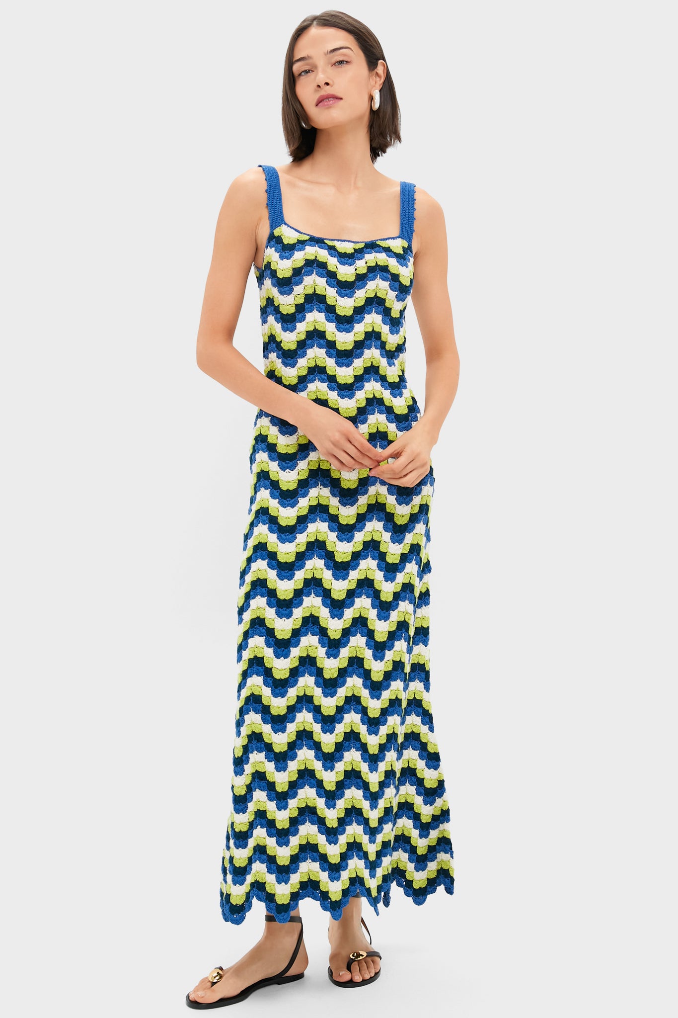 Blues and Lime Green Marea Crochet Maxi Dress for Women - Boho Beach Cover Up, Summer Vacation Outfit, Festival Fashion