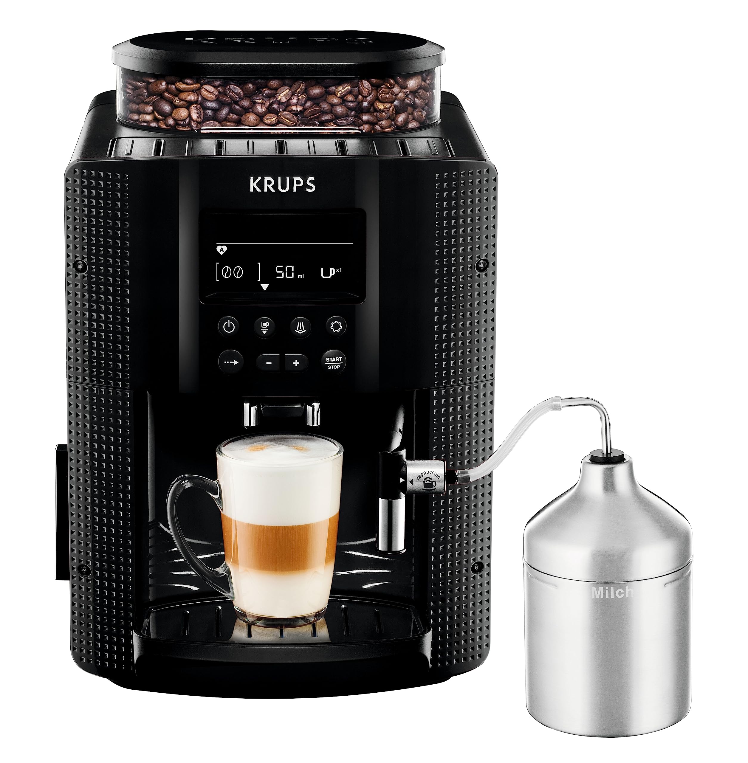 Krups Essential Super Automatic Espresso Machine - 15 Bar Pressure, Conical Metal Grinder, Adjustable Coffee Strength & Quantity, 1.7L Water Tank, LCD Display, Milk Accessories - Perfect for Home Baristas & Coffee Lovers
