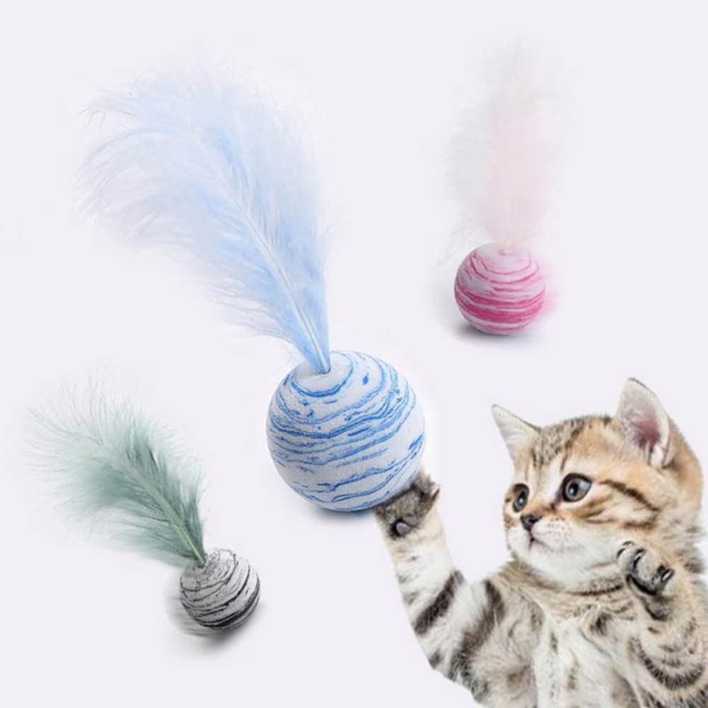 3pcs Bouncy Cat Toys with Feathers - Soft Interactive Kitten Balls for Indoor Play, Exercise & Training - Perfect for Playtime, Bonding & Stimulation