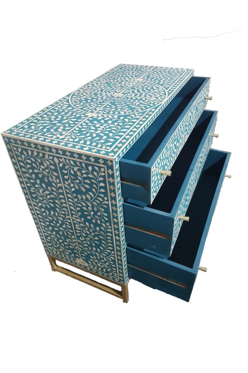 Handmade Bone Inlay Dresser with 3 Drawers - Teal Green Vintage Storage Cabinet for Bedroom, Living Room & Entryway Organization