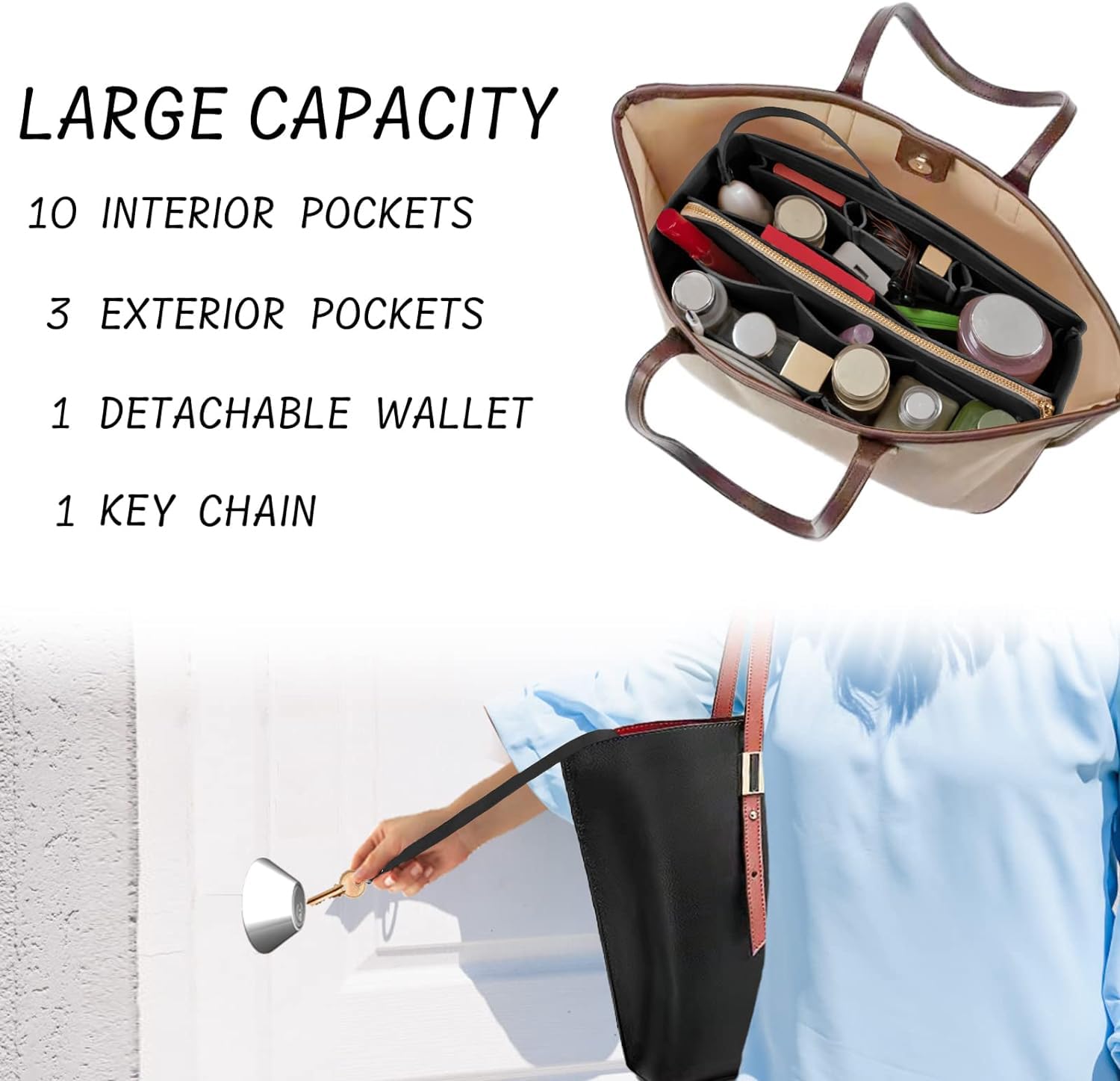 Premium Zipper Felt Purse Organizer Insert with Key Chain - Black Small Handbag Organizer for Tote Bags | Perfect for Work, Travel & Daily Essentials Organization