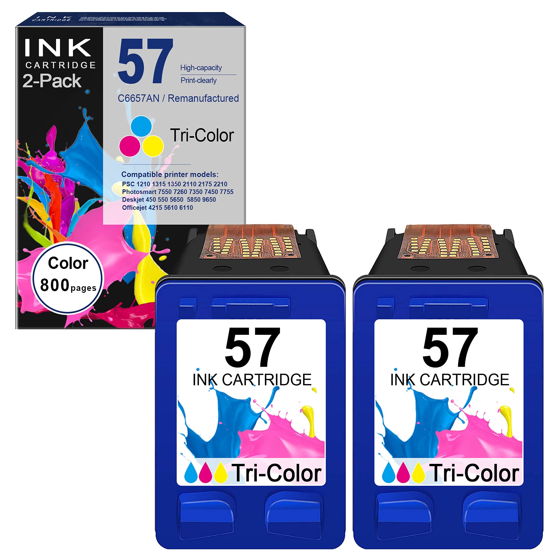 2 Pack Tri-Color Compatible 57 C6657AN Remanufactured Ink Cartridges - Replacement for HP Photosmart 7350/7450/7755, Officejet 5610/4215, PSC 1350/2110, Deskjet 5650/5850 Series Printers - Perfect for Home Office Printing & School Projects