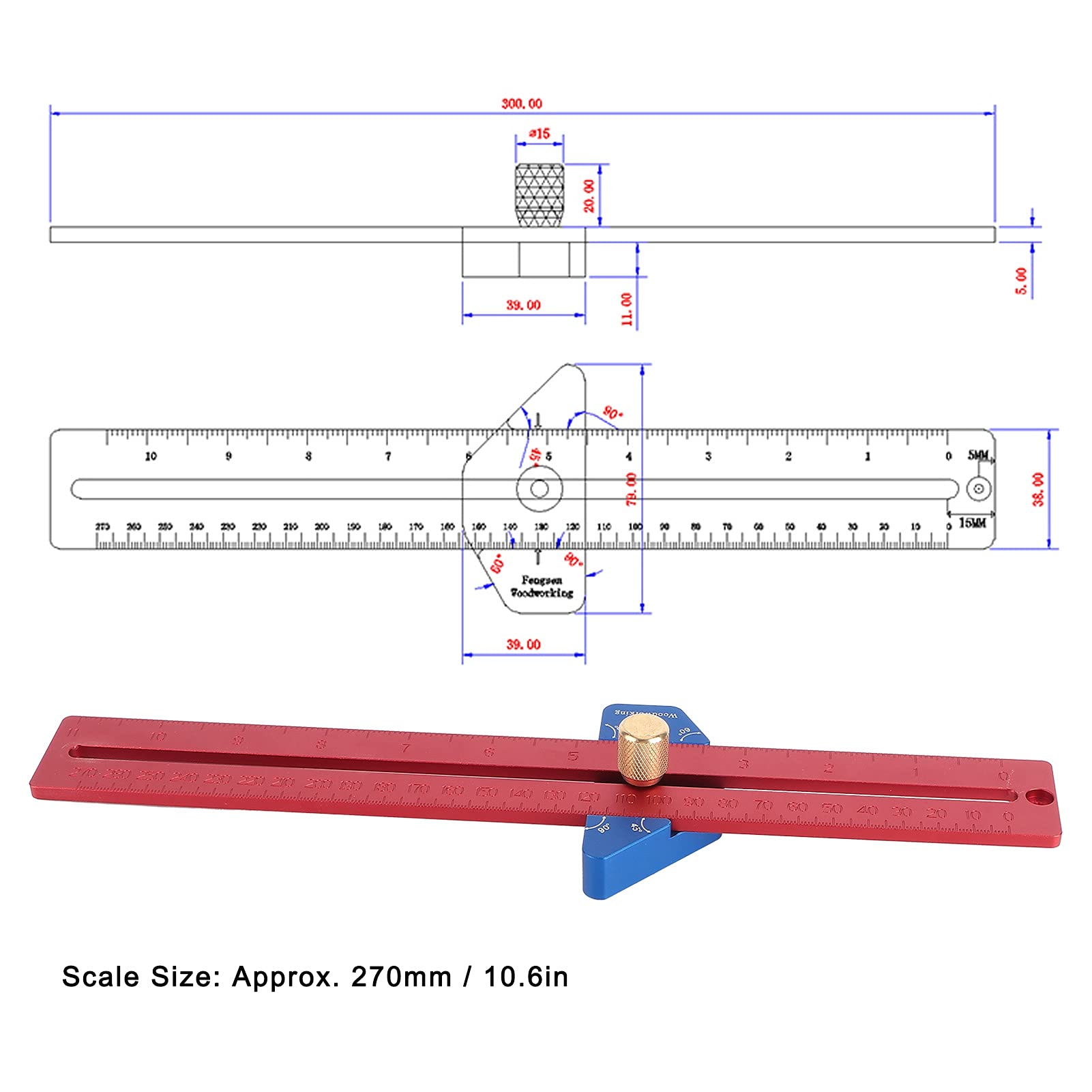 Hilitand 270mm Aluminum Alloy Woodworking Scriber - Precision Marking Gauge & Angled Ruler for Carpentry, DIY Projects, and Wood Crafting