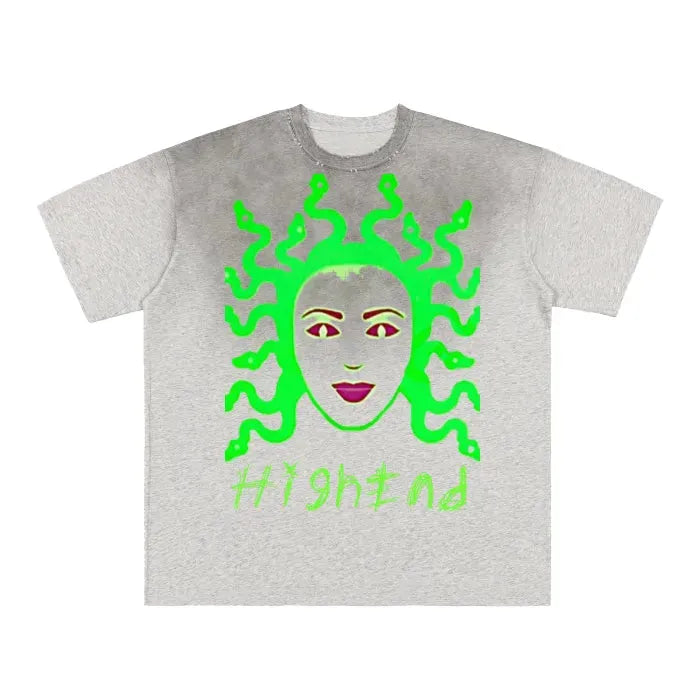 Premium Vintage Washed Medusa Graphic T-Shirt - Frayed Hem & Gradient Design (Flower Gray, 250 GSM) | Streetwear, Casual Outfits & Retro Fashion