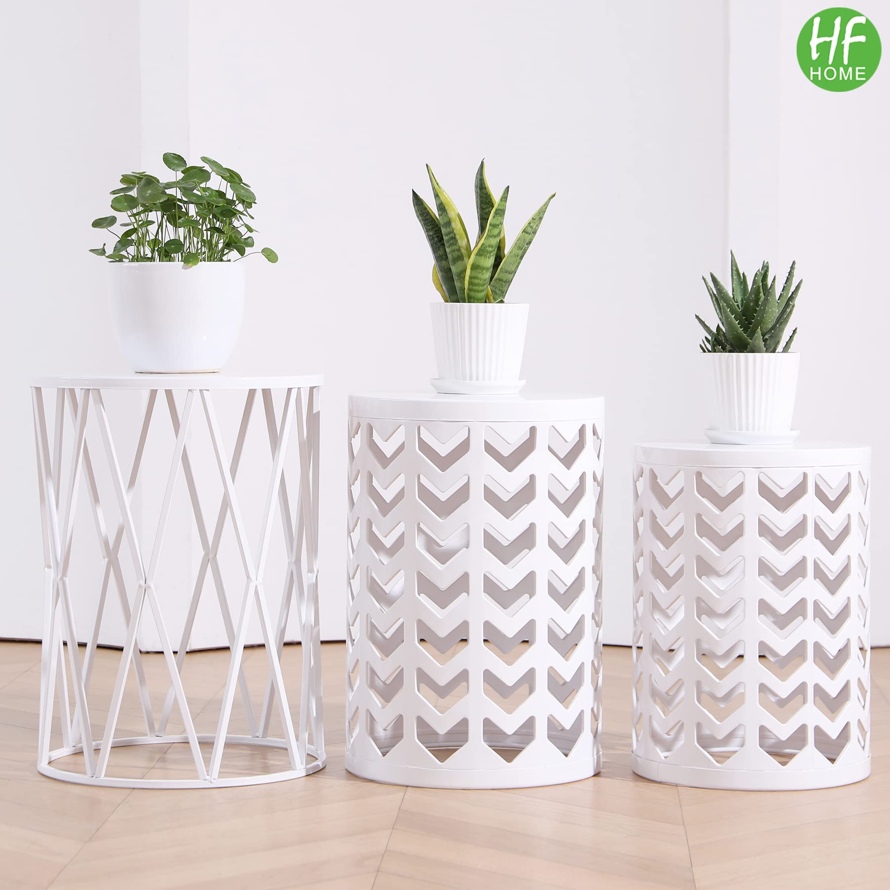 HFHOME Set of 3 Metal Side Tables - Round Nesting Coffee Tables & Nightstands for Living Room, Bedroom, Patio - Heavy Duty Indoor/Outdoor Metal Plant Stand & Garden Stool - Pure White (US Shipping) | Perfect for Small Spaces, Coffee Corner & Outdoor Seating