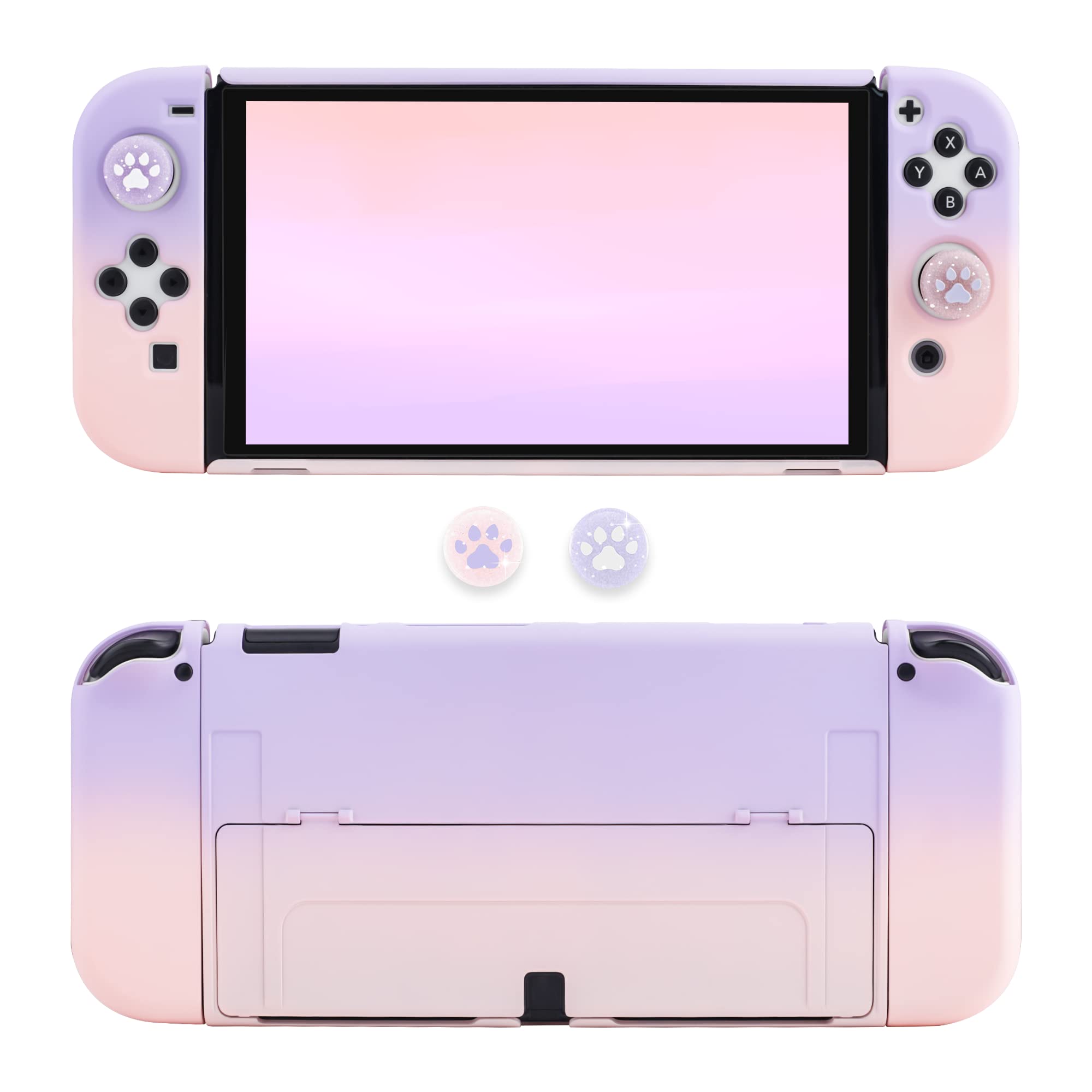 Nintendo Switch OLED Protective Case with Dockable Cover & 2 Cat Paw Thumb Grips - Pink & Purple for Joy-Con Controllers | Perfect for Gaming, Travel & Storage Protection