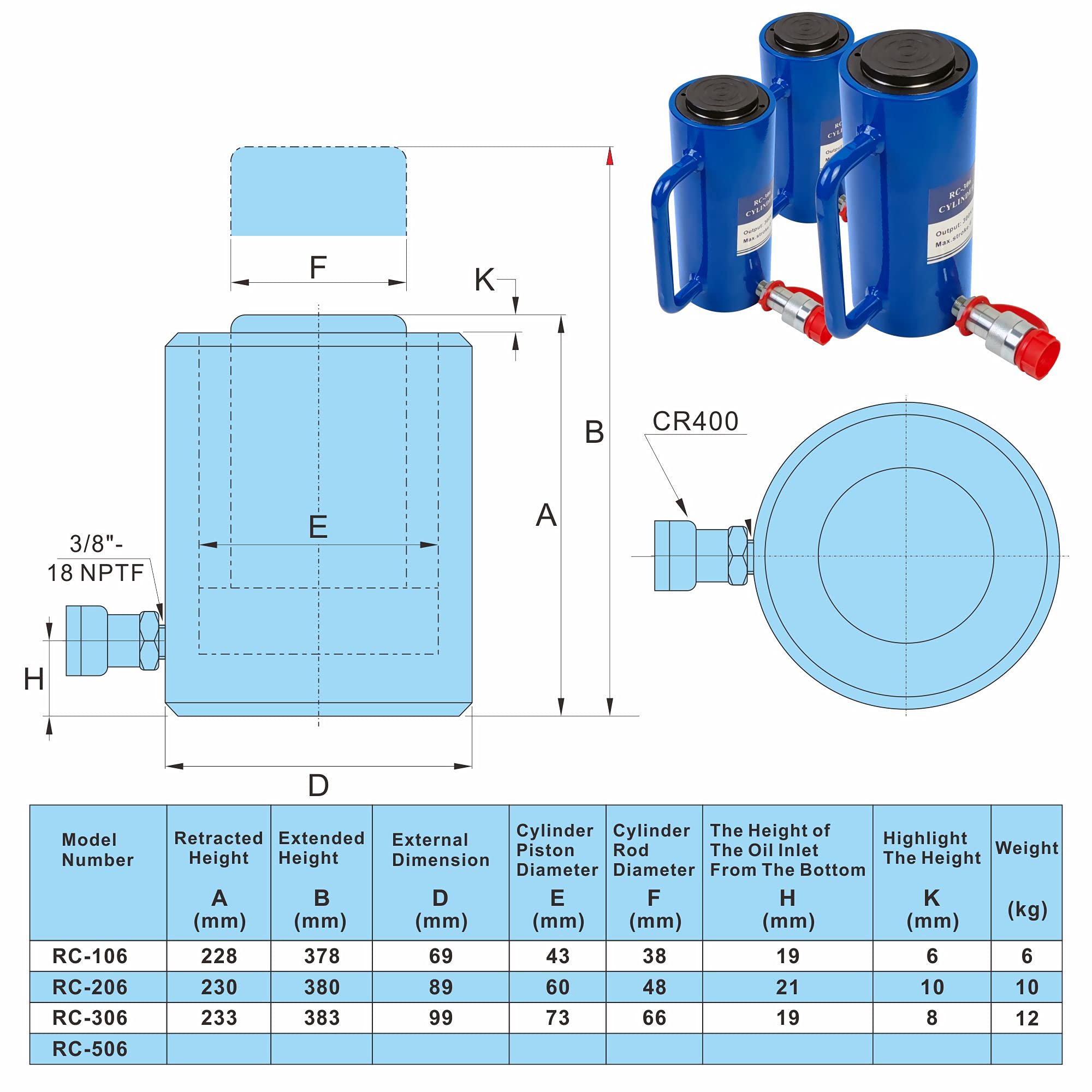 AMZCNC 20 Ton Hydraulic Cylinder - Single Acting 6 Inch Stroke Heavy Duty Lifting Jack for Automotive, Construction & Industrial Use