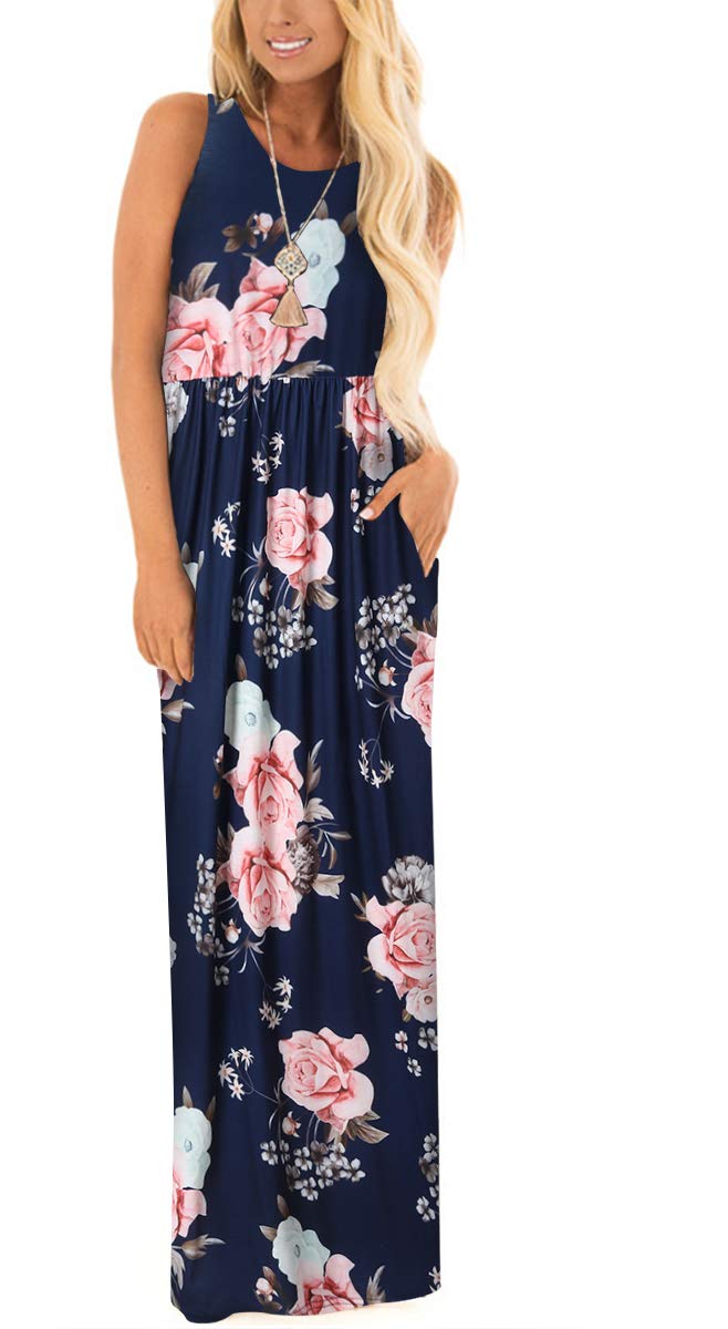 Floral Print Women's Racerback Maxi Dress - Loose Swing Casual Tunic with Pockets | Beach Cover Up, Summer Vacation, Boho Chic Outfit, Outdoor Music Festival Wear