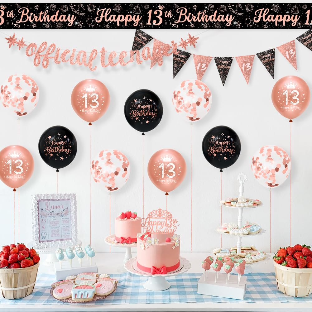 Black Rose Gold 13th Birthday Party Decorations Kit - 16-Piece Happy Birthday Banner & Bunting Set for Teen Girls | Perfect for Sweet 16, Quinceañera & Milestone Celebrations