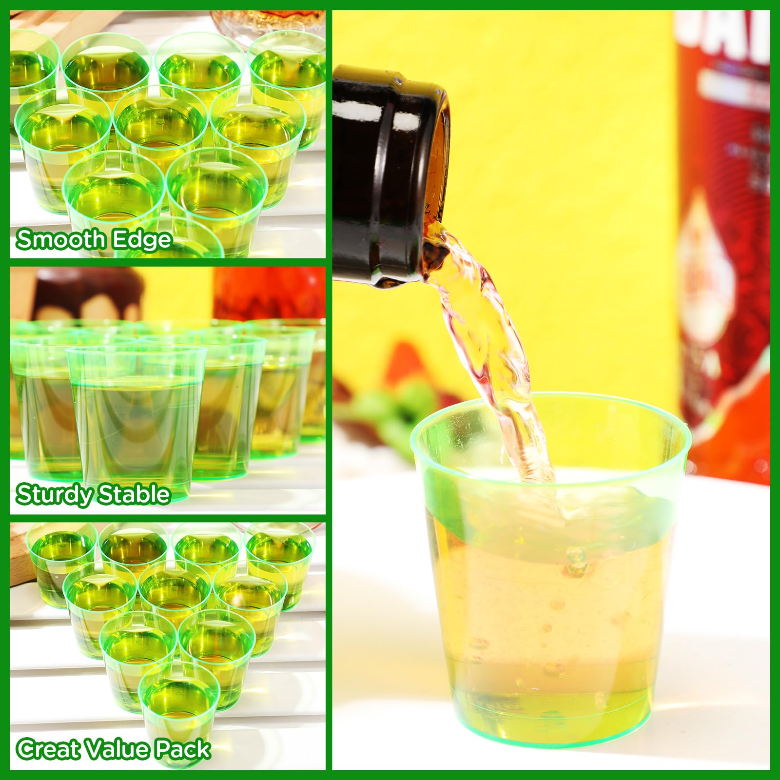 300 Pack 1oz Plastic Shot Glasses - Mini Reusable Party Cups for Wedding, Halloween, Beer Tasting, Snack Samples & Cocktails (Green) - Perfect for Bars, Catering & Home Entertaining