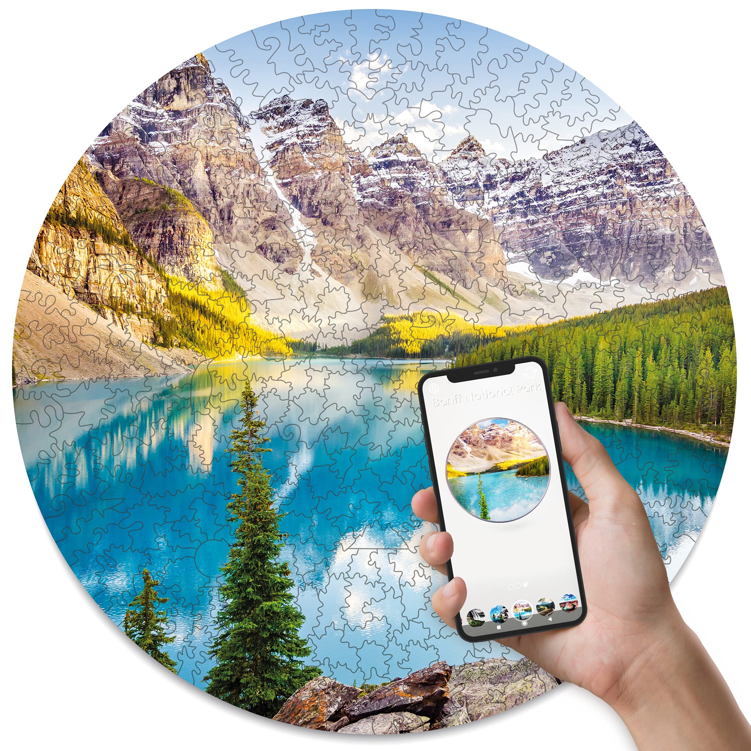 Premium Wooden Jigsaw Puzzles for Adults - 3-in-1 Round Puzzle Set with AR Game Feature - National Park Banff Wall Art Decor (19.7 Inch) - Perfect Gift for Travel Enthusiasts & Puzzle Lovers | Home Decor, Family Game Night, Stress Relief Activity