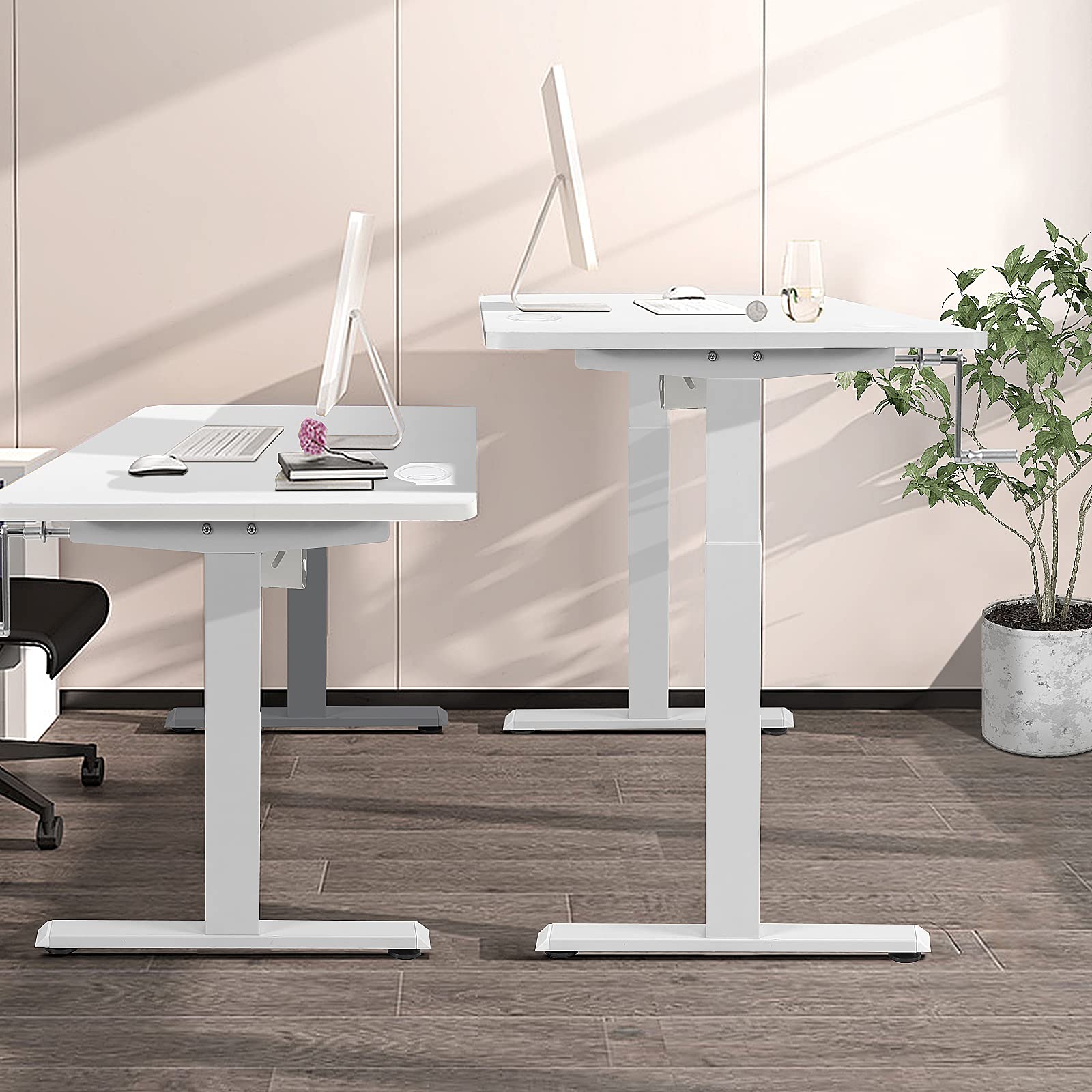 Tangkula Manual Height Adjustable Standing Desk Frame - Ergonomic Hand Crank Sit Stand Workstation with Cable Management Tray & Headphone Hook - Perfect for Home Office, Study & Workspace Productivity