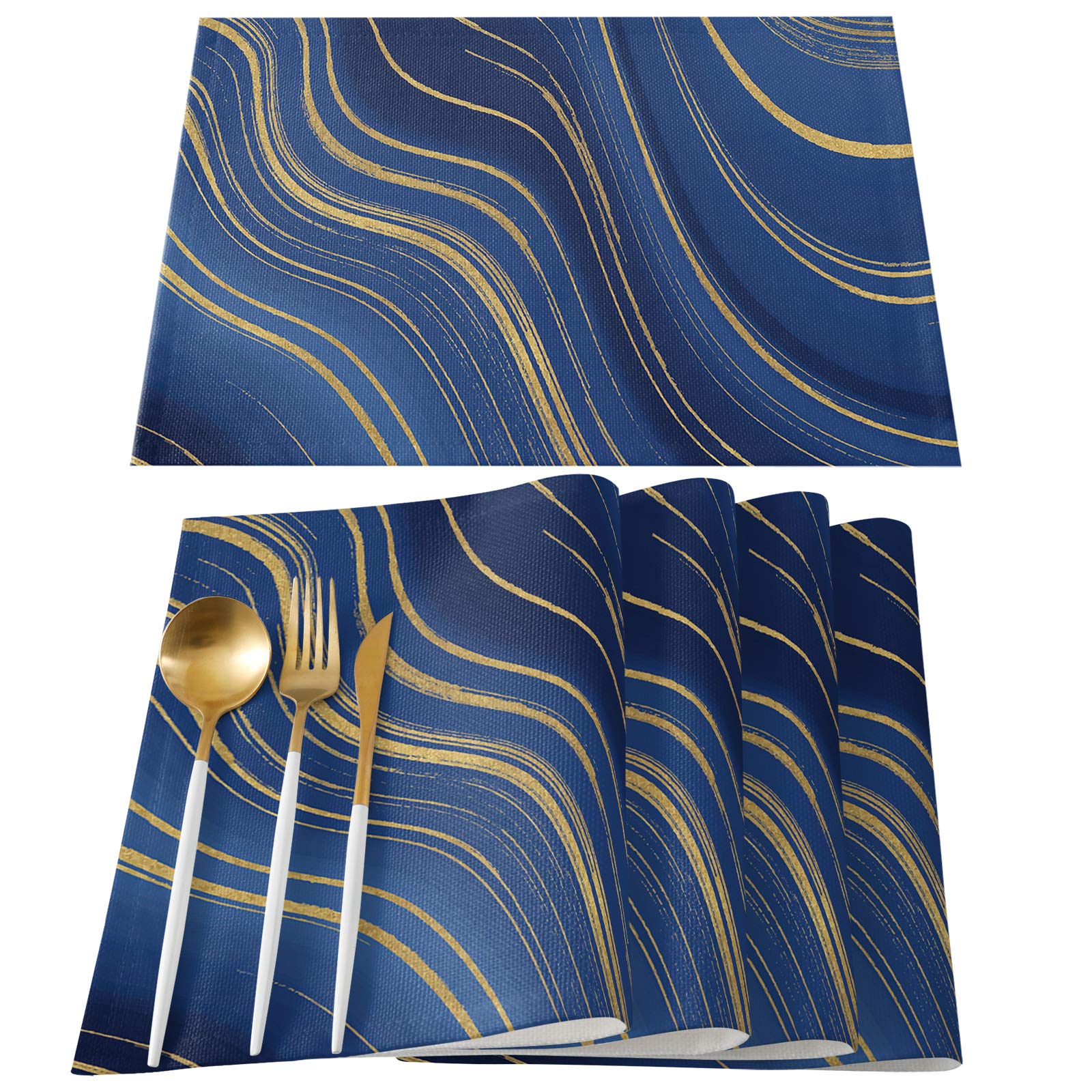 Premium Linen Burlap Placemats Set of 4 - Non-Slip, Heat-Resistant & Easy Clean Table Mats for Dining, Kitchen, Party Decor | Blue & Yellow Marble Abstract Design | Perfect for Everyday Use, Holiday Gatherings & Formal Dining
