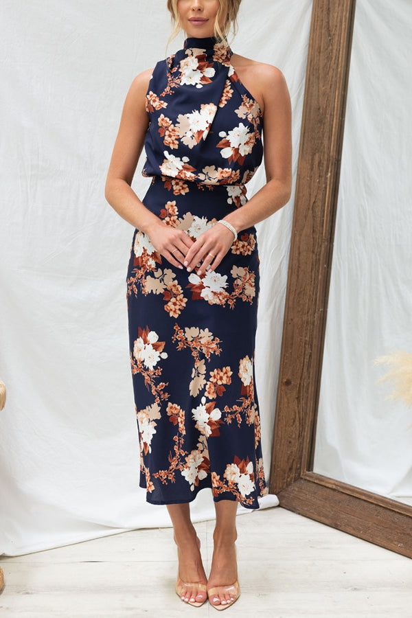 Floral Halter Neck Maxi Dress with Elastic Waist - Perfect for Wine Country Dates, Summer Weddings & Beach Vacations